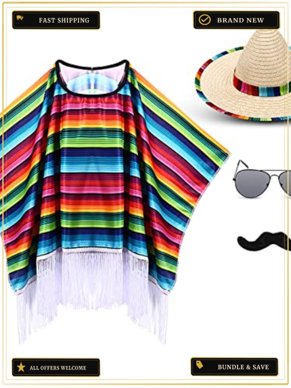 Small Mexican Poncho Sombrero Hat Set Cinco De Mayo Fiesta Costume Cosplay